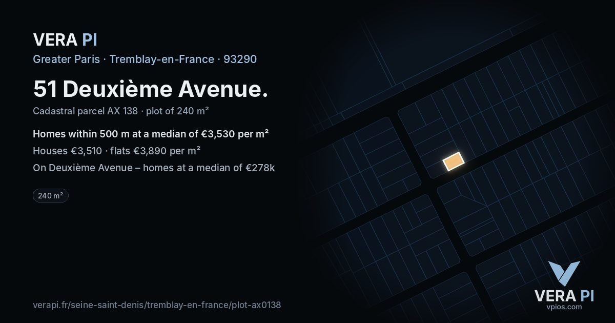 51 Deuxième Avenue, Tremblay-en-France at night – the plot lit, the parcels around coloured by the prices near them