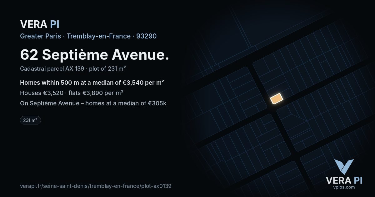 62 Septième Avenue, Tremblay-en-France at night – the plot lit, the parcels around coloured by the prices near them