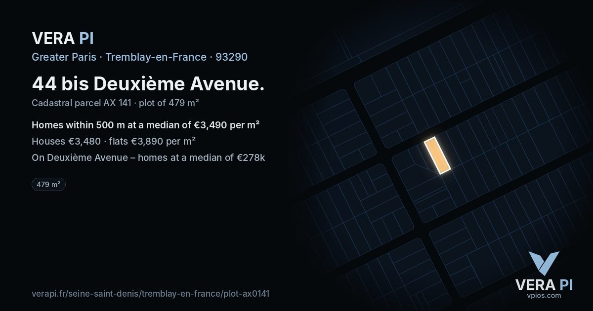 44 bis Deuxième Avenue, Tremblay-en-France at night – the plot lit, the parcels around coloured by the prices near them