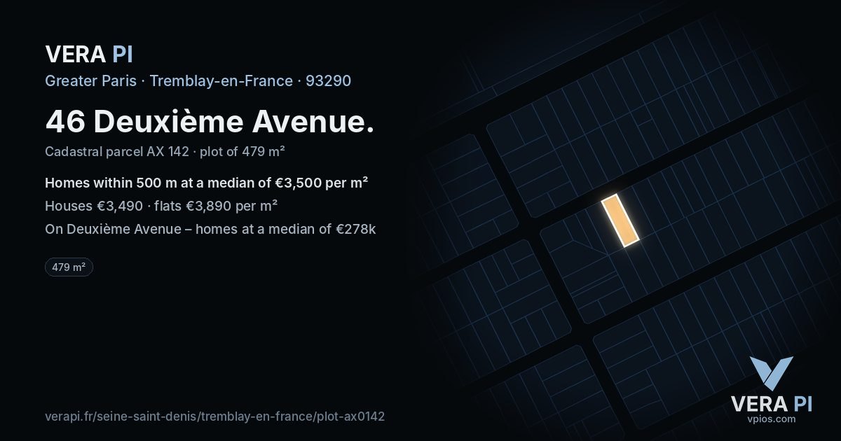 46 Deuxième Avenue, Tremblay-en-France at night – the plot lit, the parcels around coloured by the prices near them