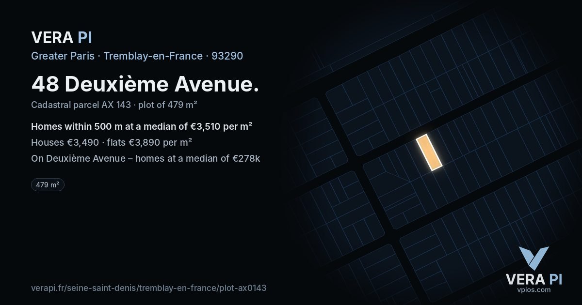 48 Deuxième Avenue, Tremblay-en-France at night – the plot lit, the parcels around coloured by the prices near them