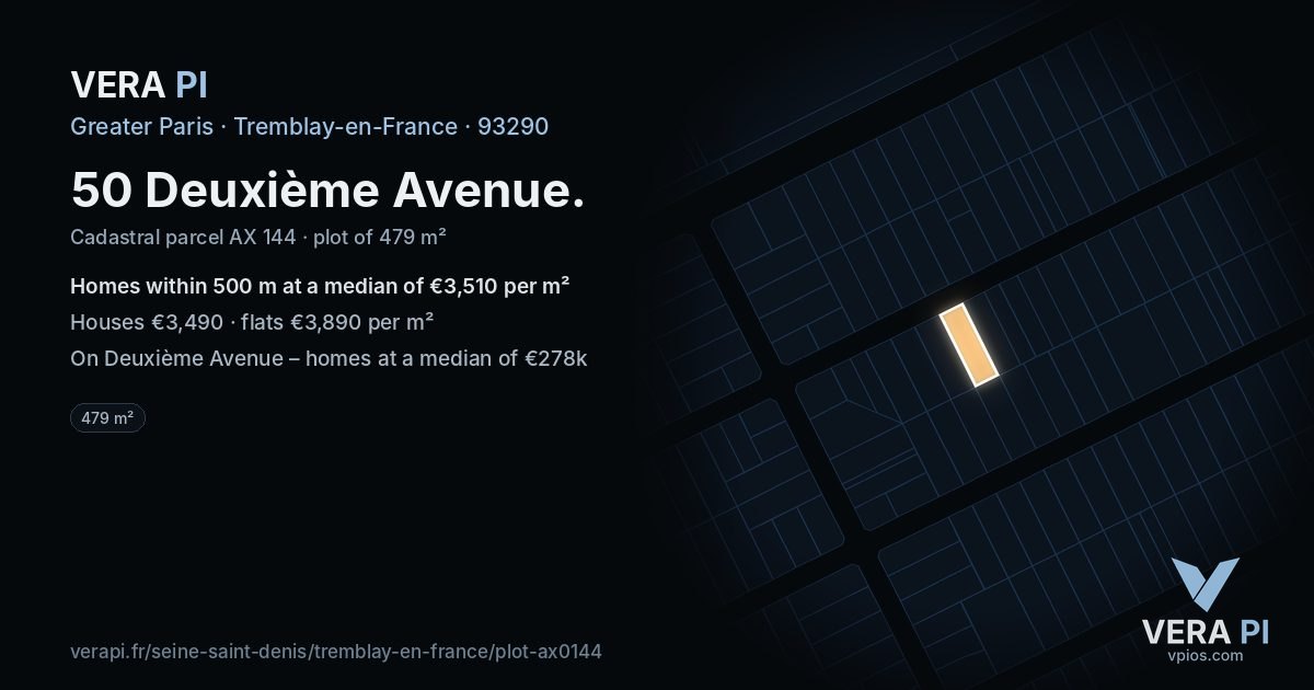 50 Deuxième Avenue, Tremblay-en-France at night – the plot lit, the parcels around coloured by the prices near them