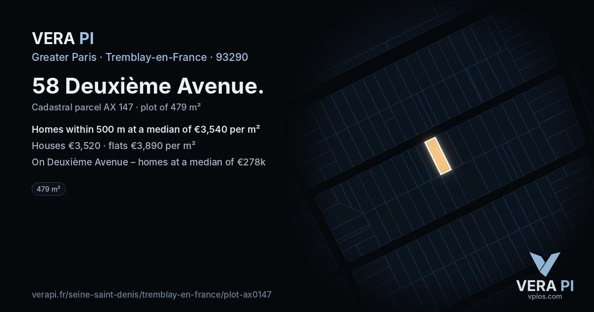 58 Deuxième Avenue, Tremblay-en-France at night – the plot lit, the parcels around coloured by the prices near them