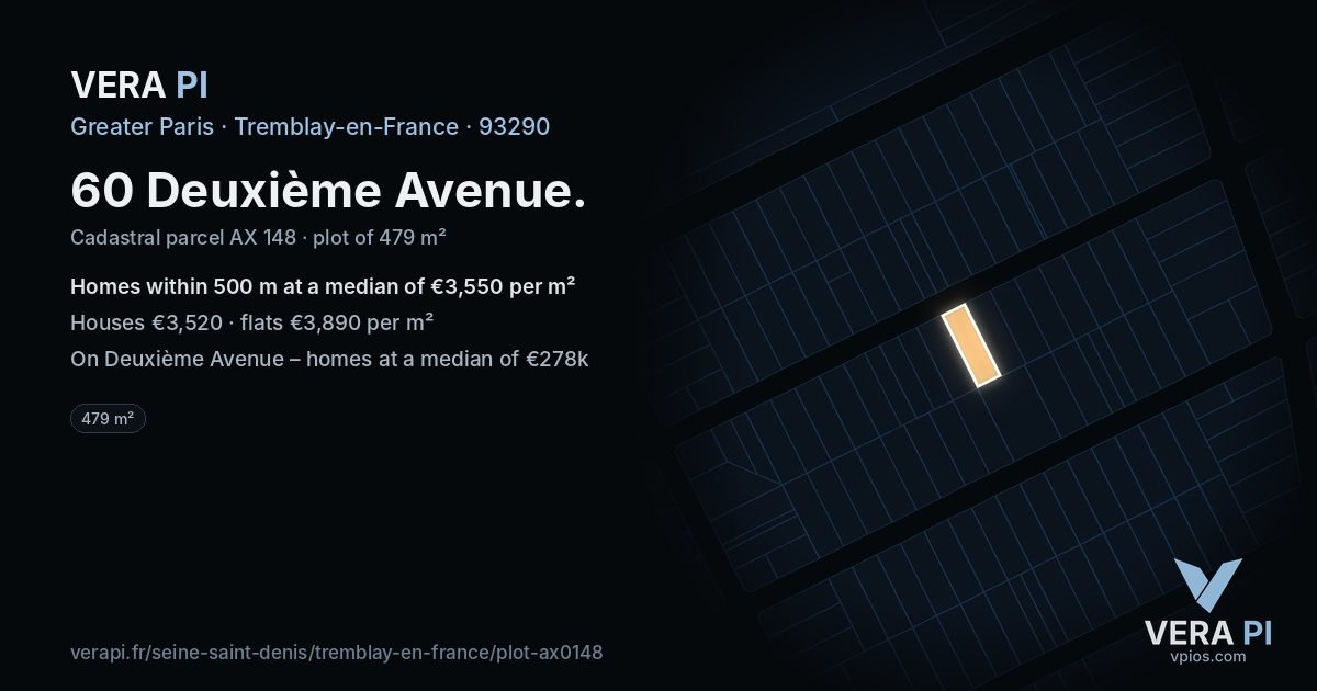 60 Deuxième Avenue, Tremblay-en-France at night – the plot lit, the parcels around coloured by the prices near them