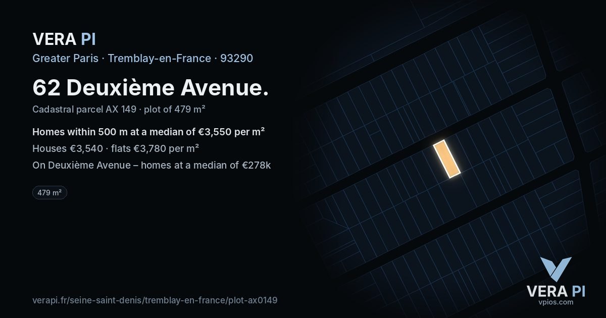 62 Deuxième Avenue, Tremblay-en-France at night – the plot lit, the parcels around coloured by the prices near them