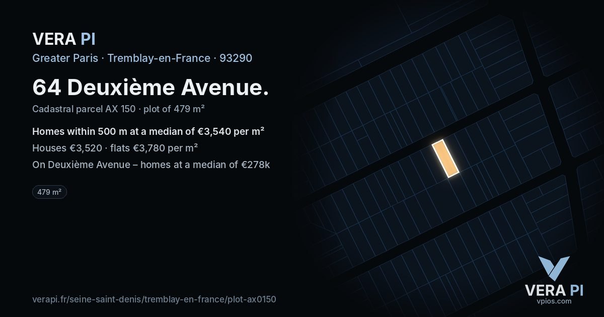 64 Deuxième Avenue, Tremblay-en-France at night – the plot lit, the parcels around coloured by the prices near them