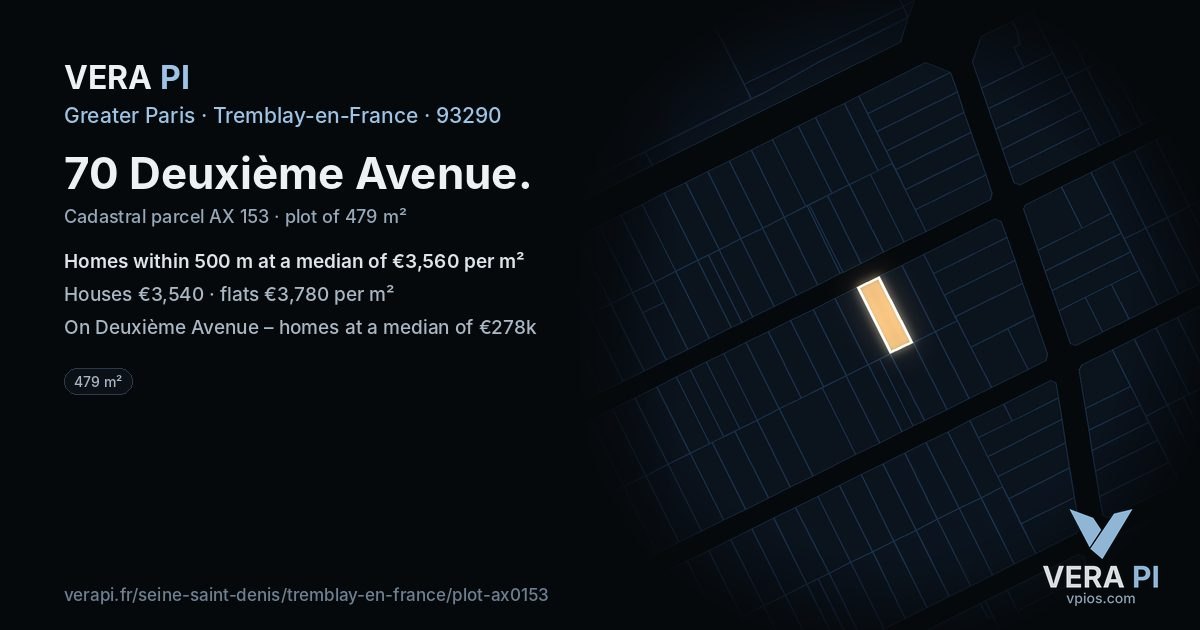 70 Deuxième Avenue, Tremblay-en-France at night – the plot lit, the parcels around coloured by the prices near them