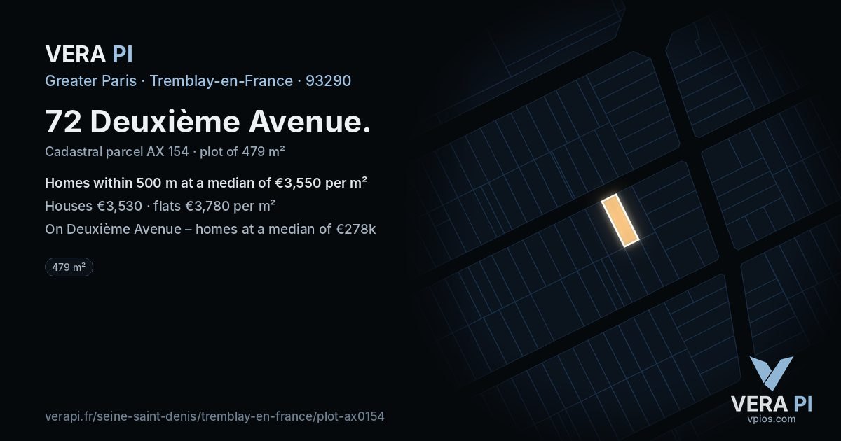 72 Deuxième Avenue, Tremblay-en-France at night – the plot lit, the parcels around coloured by the prices near them