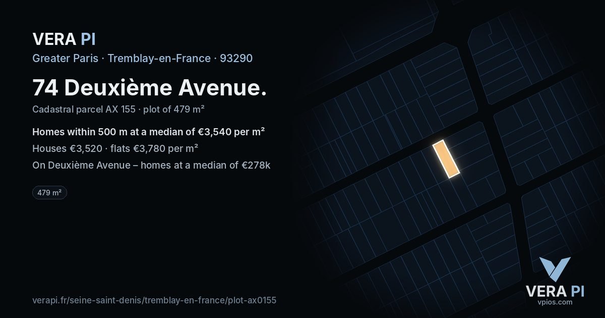 74 Deuxième Avenue, Tremblay-en-France at night – the plot lit, the parcels around coloured by the prices near them