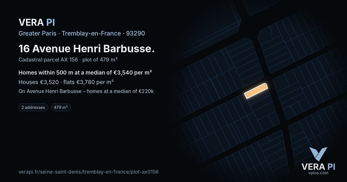 16 Avenue Henri Barbusse, Tremblay-en-France at night – the plot lit, the parcels around coloured by the prices near them