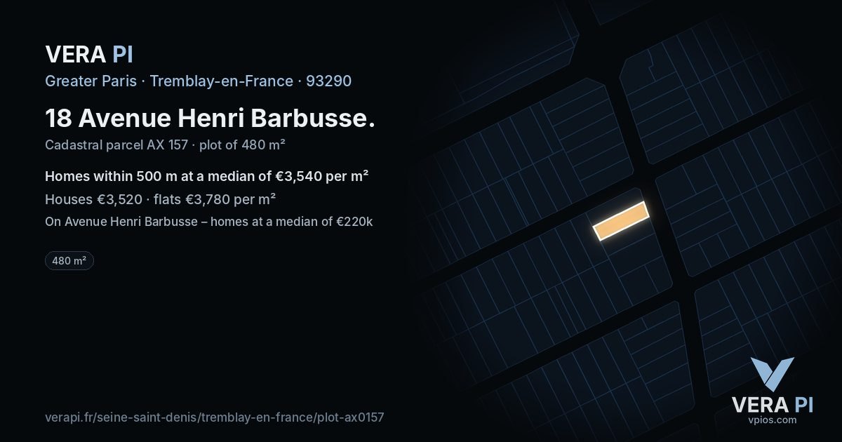 18 Avenue Henri Barbusse, Tremblay-en-France at night – the plot lit, the parcels around coloured by the prices near them