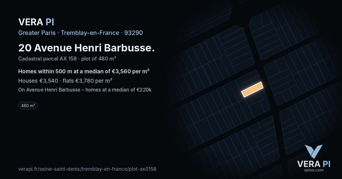 20 Avenue Henri Barbusse, Tremblay-en-France at night – the plot lit, the parcels around coloured by the prices near them