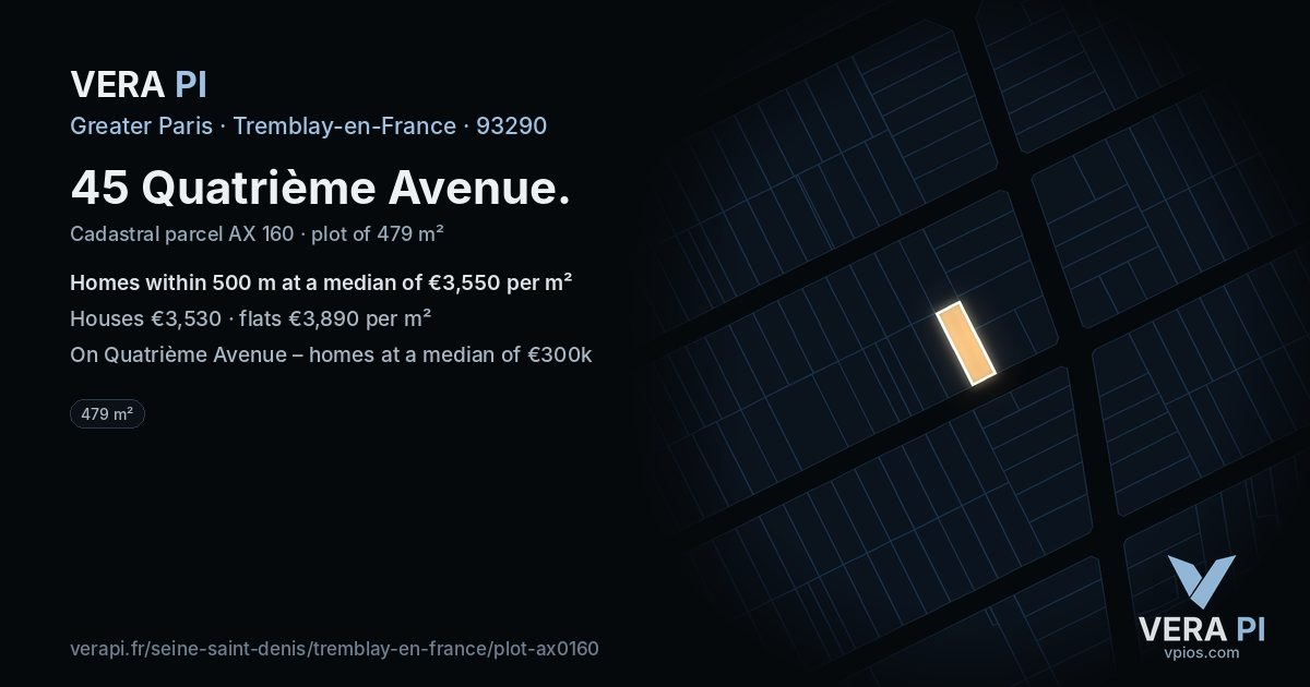 45 Quatrième Avenue, Tremblay-en-France at night – the plot lit, the parcels around coloured by the prices near them