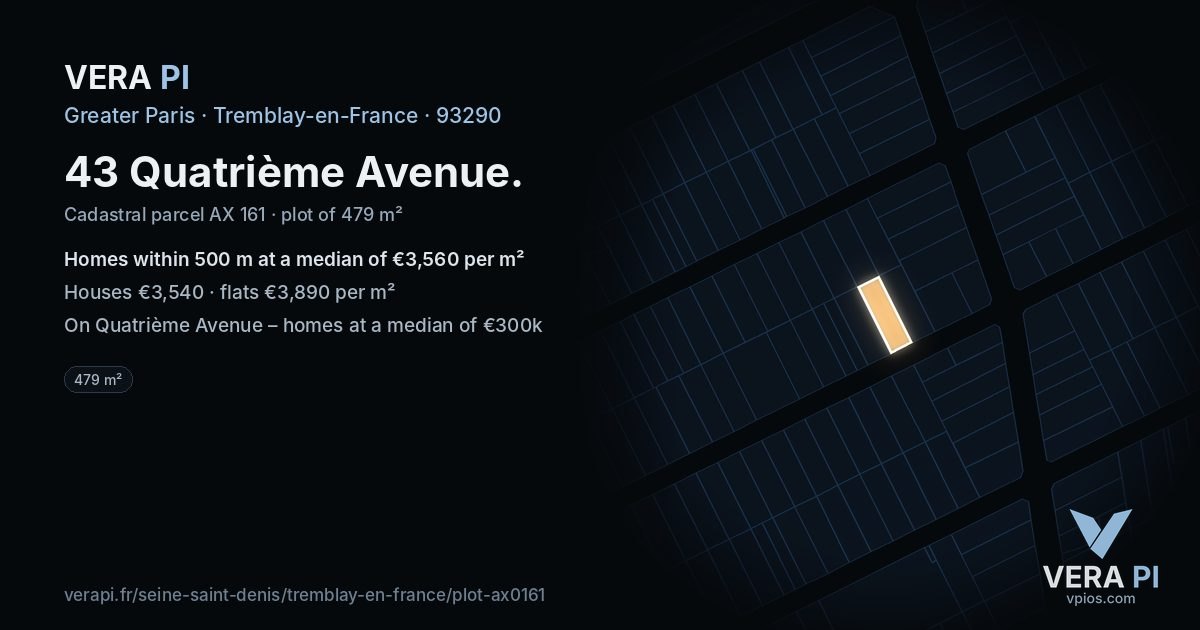 43 Quatrième Avenue, Tremblay-en-France at night – the plot lit, the parcels around coloured by the prices near them