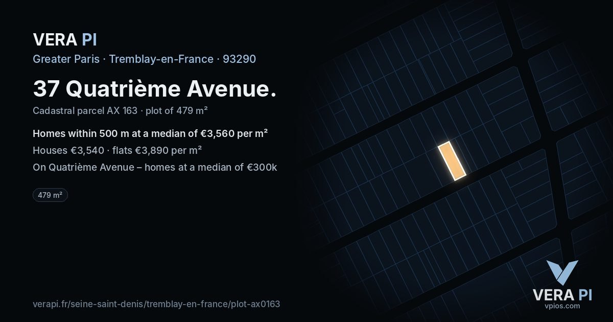 37 Quatrième Avenue, Tremblay-en-France at night – the plot lit, the parcels around coloured by the prices near them