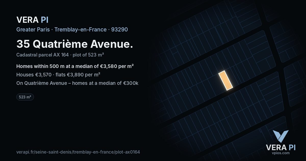 35 Quatrième Avenue, Tremblay-en-France at night – the plot lit, the parcels around coloured by the prices near them
