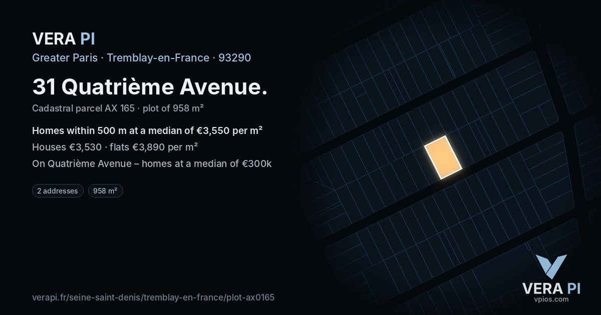 31 Quatrième Avenue, Tremblay-en-France at night – the plot lit, the parcels around coloured by the prices near them