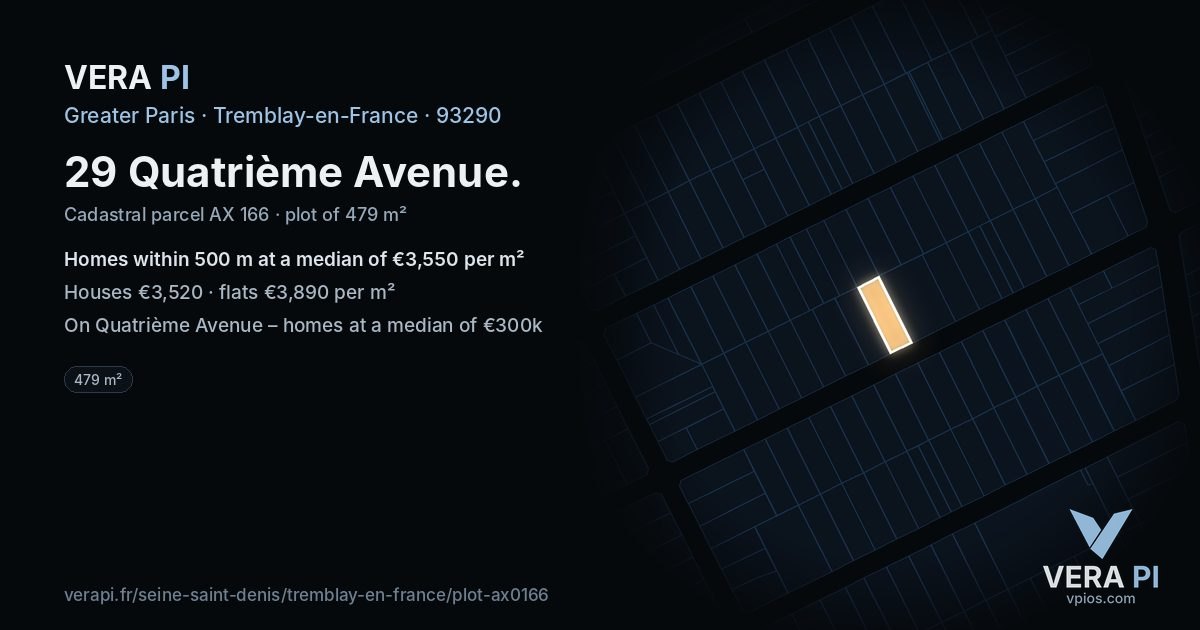 29 Quatrième Avenue, Tremblay-en-France at night – the plot lit, the parcels around coloured by the prices near them