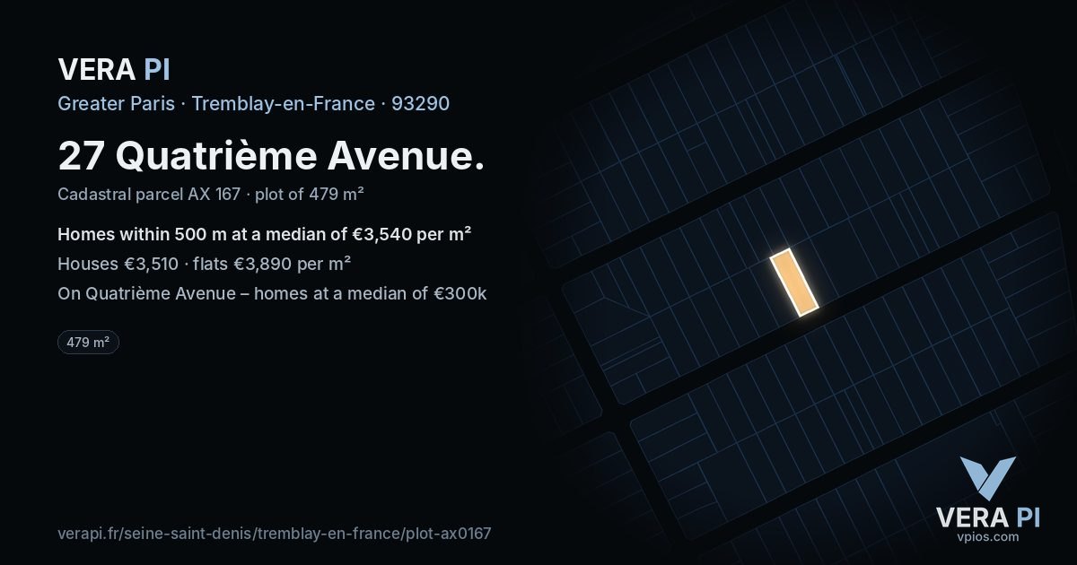 27 Quatrième Avenue, Tremblay-en-France at night – the plot lit, the parcels around coloured by the prices near them
