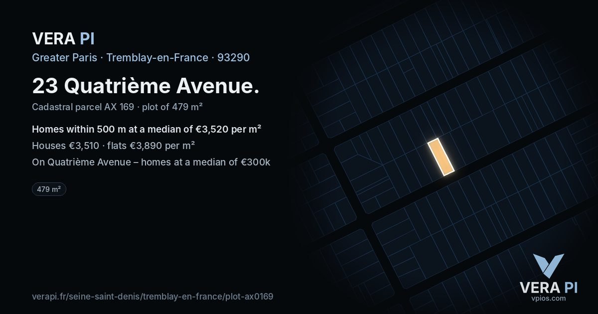 23 Quatrième Avenue, Tremblay-en-France at night – the plot lit, the parcels around coloured by the prices near them