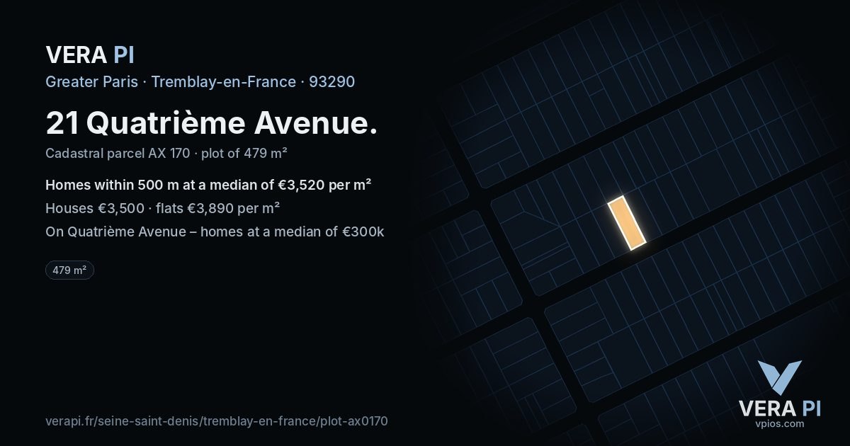 21 Quatrième Avenue, Tremblay-en-France at night – the plot lit, the parcels around coloured by the prices near them