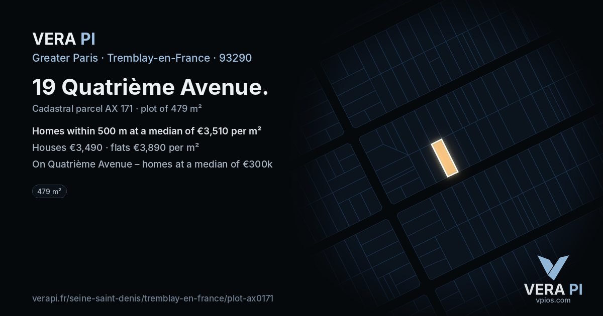19 Quatrième Avenue, Tremblay-en-France at night – the plot lit, the parcels around coloured by the prices near them