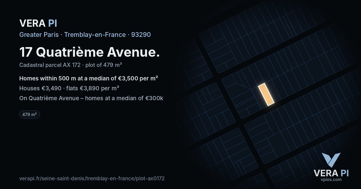 17 Quatrième Avenue, Tremblay-en-France at night – the plot lit, the parcels around coloured by the prices near them