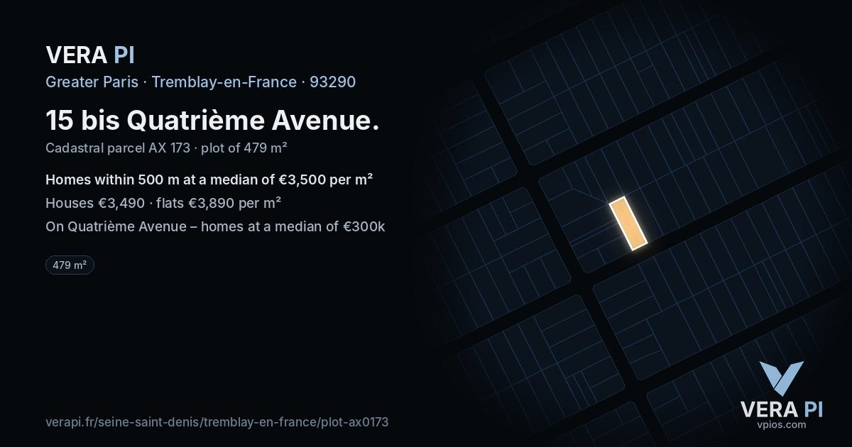 15 bis Quatrième Avenue, Tremblay-en-France at night – the plot lit, the parcels around coloured by the prices near them