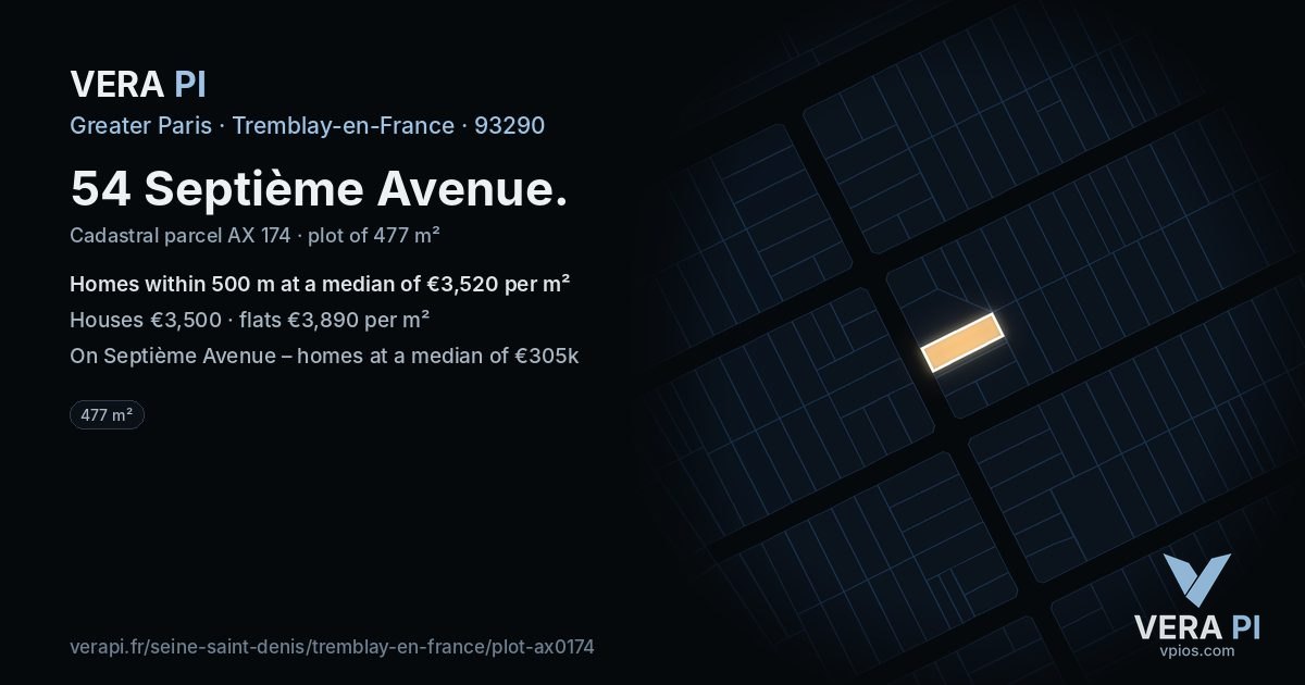 54 Septième Avenue, Tremblay-en-France at night – the plot lit, the parcels around coloured by the prices near them