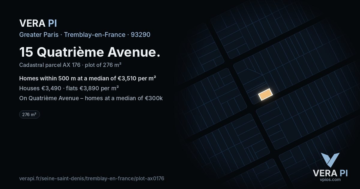 15 Quatrième Avenue, Tremblay-en-France at night – the plot lit, the parcels around coloured by the prices near them