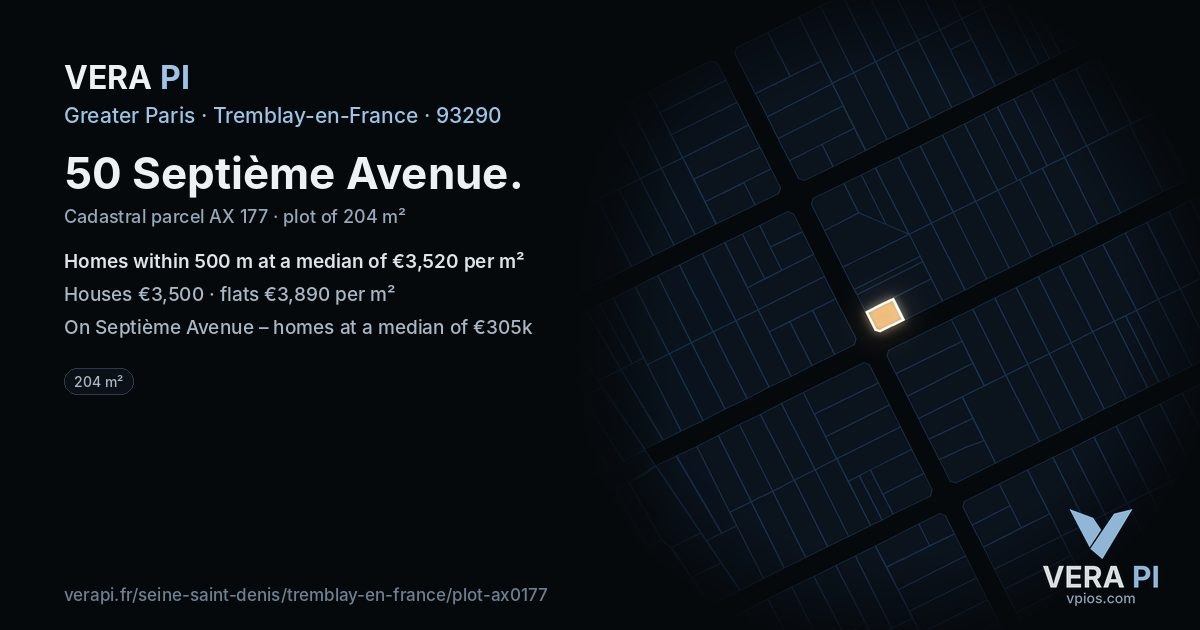 50 Septième Avenue, Tremblay-en-France at night – the plot lit, the parcels around coloured by the prices near them