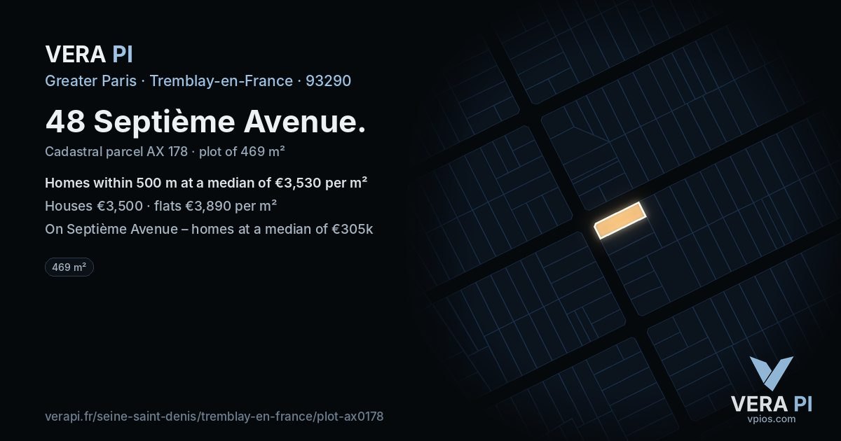 48 Septième Avenue, Tremblay-en-France at night – the plot lit, the parcels around coloured by the prices near them