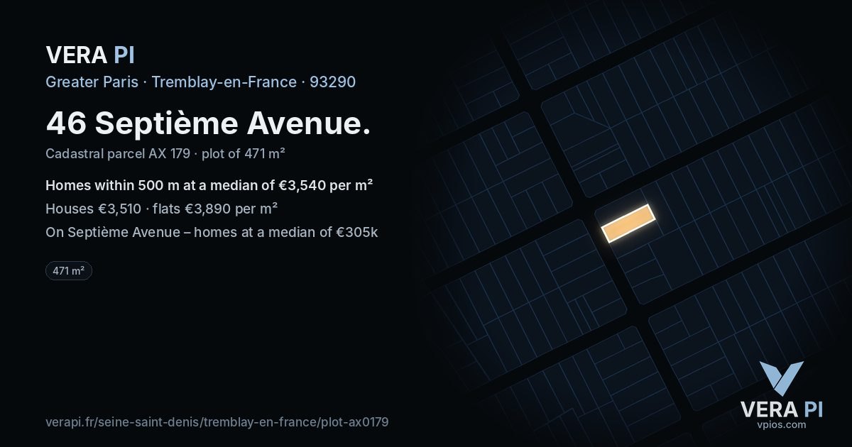 46 Septième Avenue, Tremblay-en-France at night – the plot lit, the parcels around coloured by the prices near them