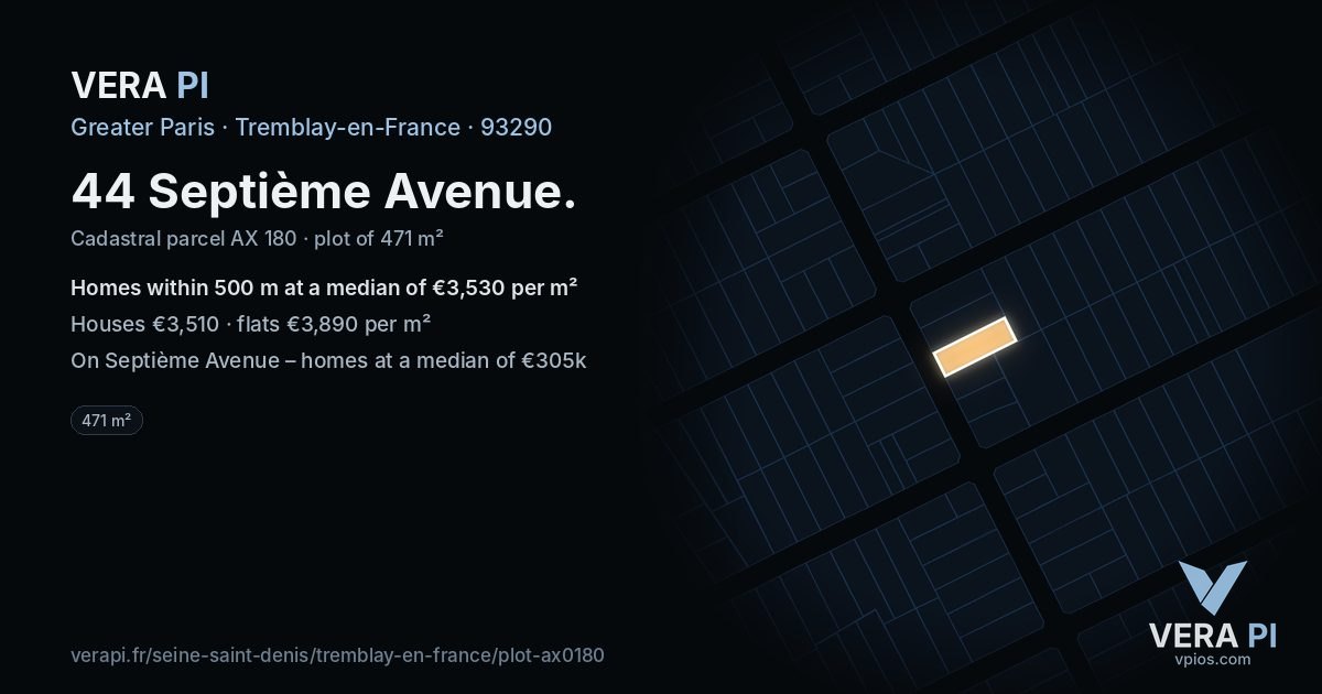44 Septième Avenue, Tremblay-en-France at night – the plot lit, the parcels around coloured by the prices near them