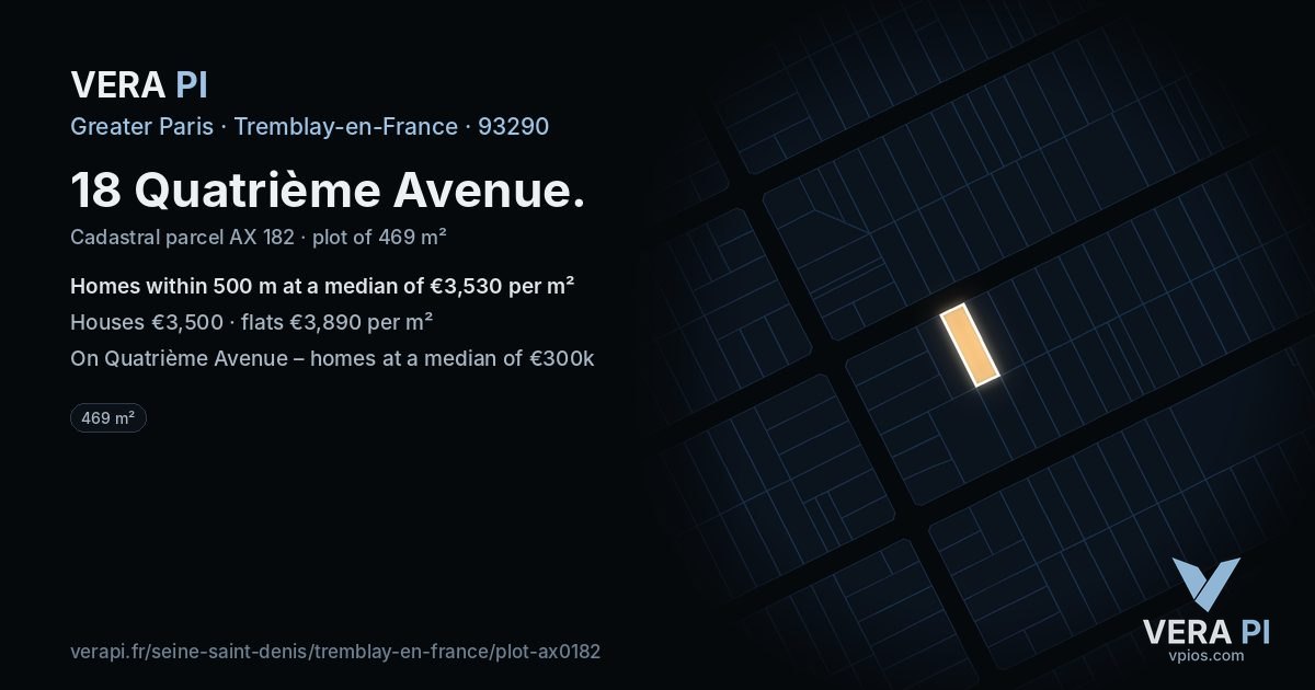 18 Quatrième Avenue, Tremblay-en-France at night – the plot lit, the parcels around coloured by the prices near them