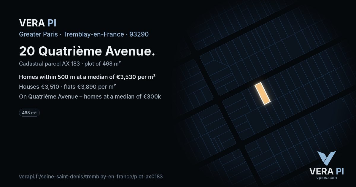 20 Quatrième Avenue, Tremblay-en-France at night – the plot lit, the parcels around coloured by the prices near them