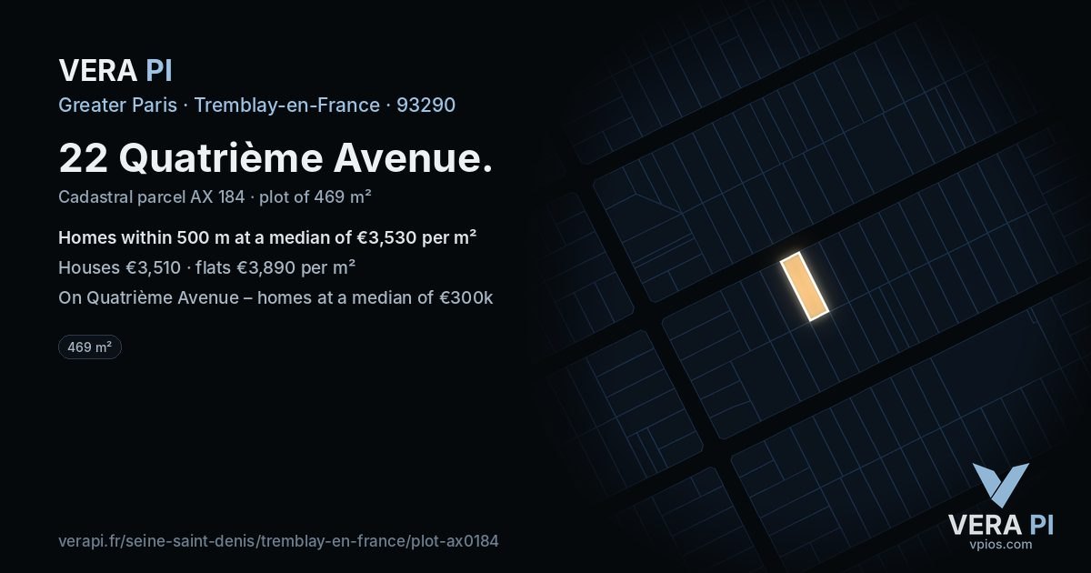 22 Quatrième Avenue, Tremblay-en-France at night – the plot lit, the parcels around coloured by the prices near them