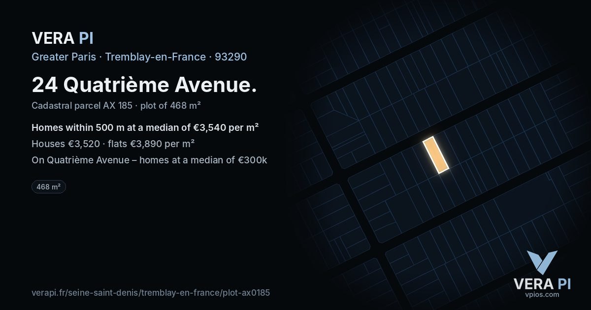 24 Quatrième Avenue, Tremblay-en-France at night – the plot lit, the parcels around coloured by the prices near them