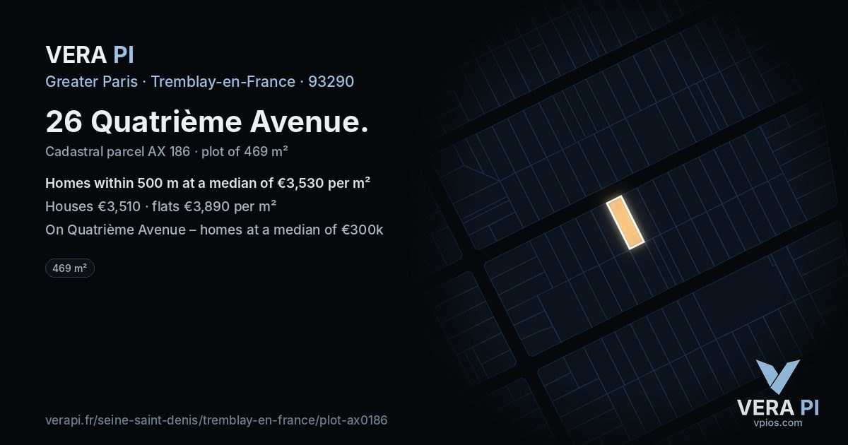 26 Quatrième Avenue, Tremblay-en-France at night – the plot lit, the parcels around coloured by the prices near them