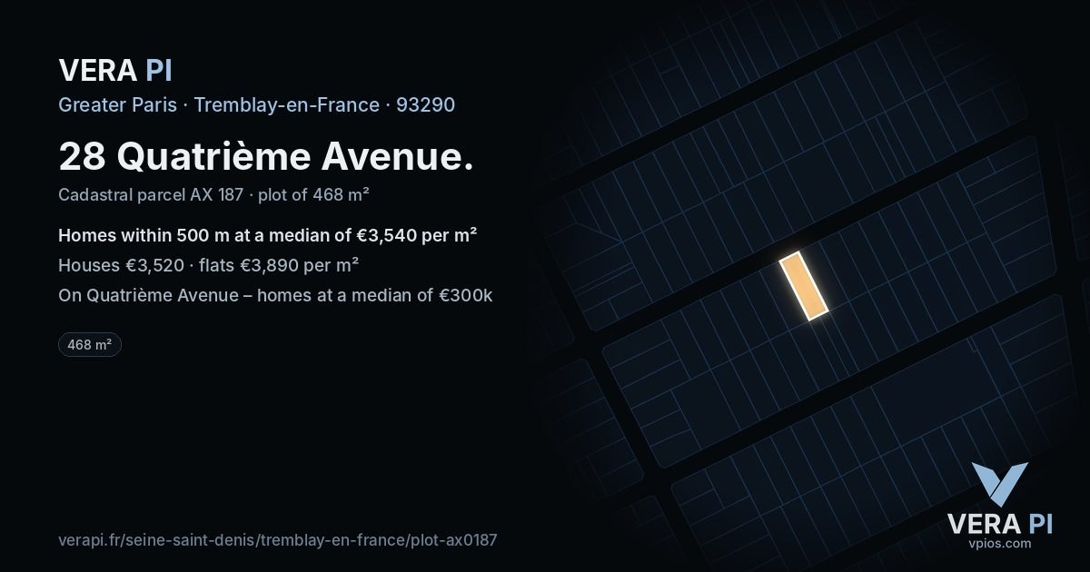 28 Quatrième Avenue, Tremblay-en-France at night – the plot lit, the parcels around coloured by the prices near them