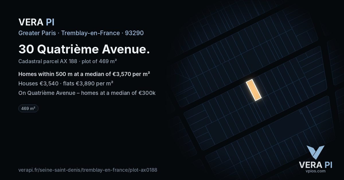 30 Quatrième Avenue, Tremblay-en-France at night – the plot lit, the parcels around coloured by the prices near them