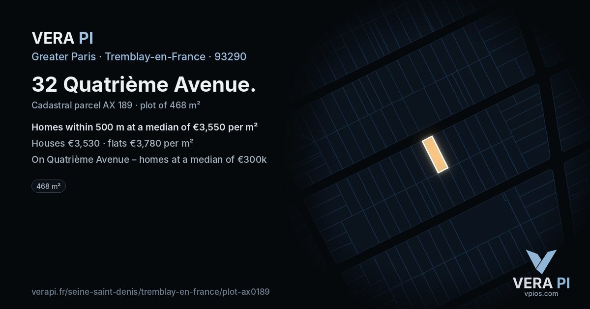 32 Quatrième Avenue, Tremblay-en-France at night – the plot lit, the parcels around coloured by the prices near them