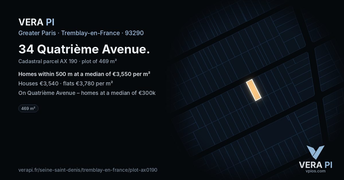 34 Quatrième Avenue, Tremblay-en-France at night – the plot lit, the parcels around coloured by the prices near them