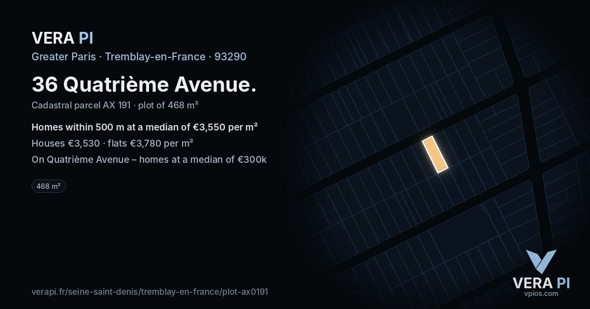 36 Quatrième Avenue, Tremblay-en-France at night – the plot lit, the parcels around coloured by the prices near them