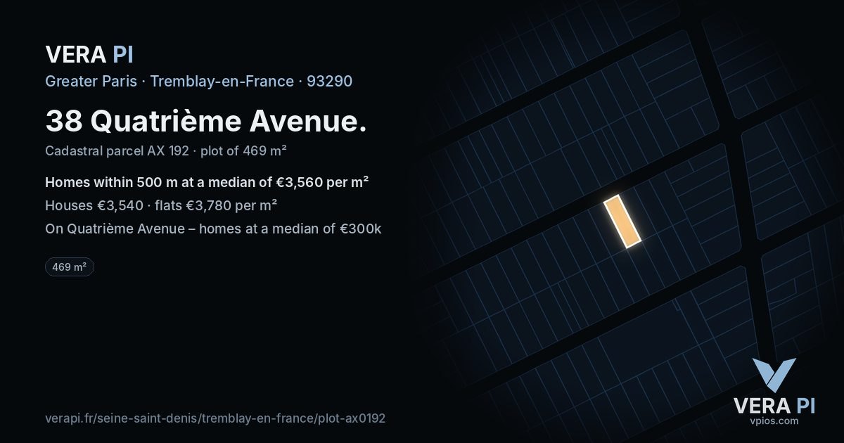 38 Quatrième Avenue, Tremblay-en-France at night – the plot lit, the parcels around coloured by the prices near them