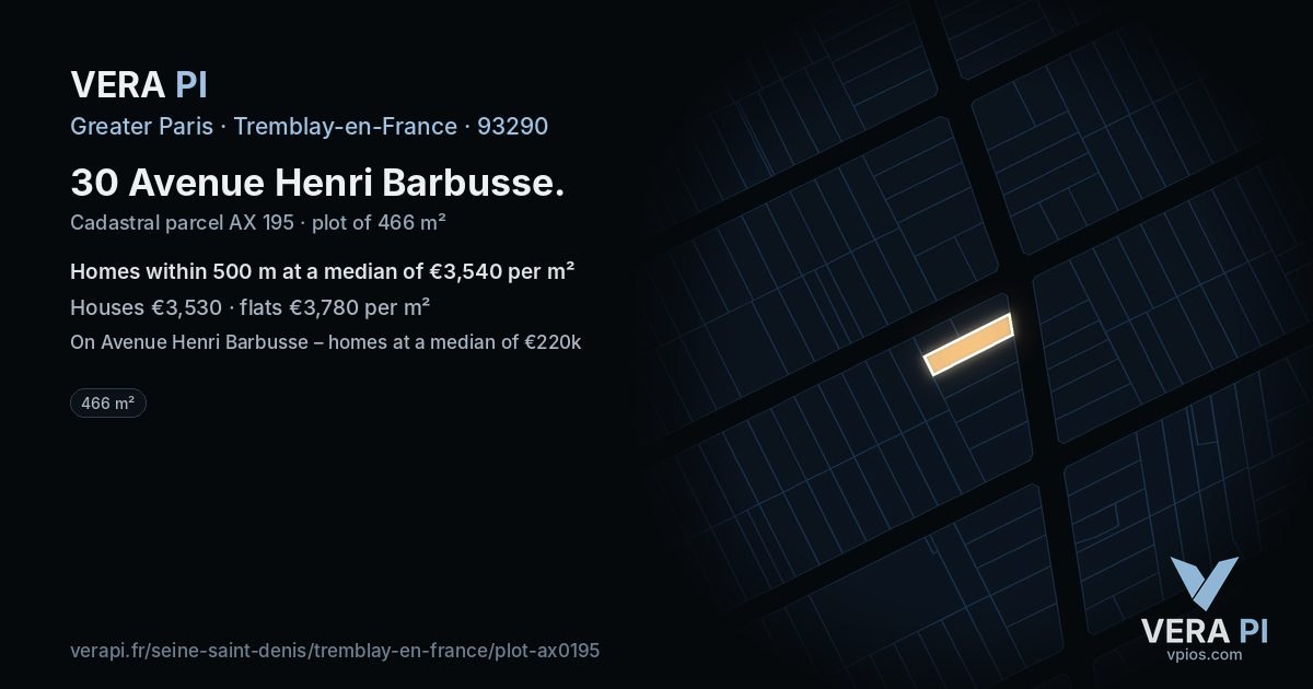 30 Avenue Henri Barbusse, Tremblay-en-France at night – the plot lit, the parcels around coloured by the prices near them