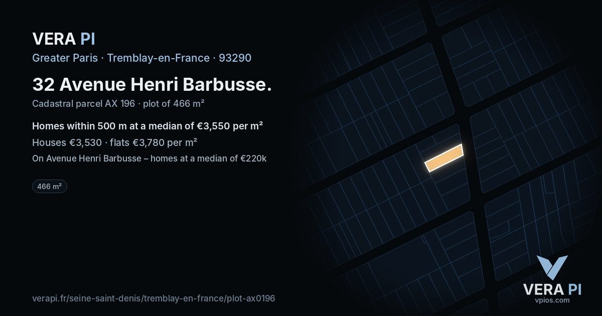 32 Avenue Henri Barbusse, Tremblay-en-France at night – the plot lit, the parcels around coloured by the prices near them