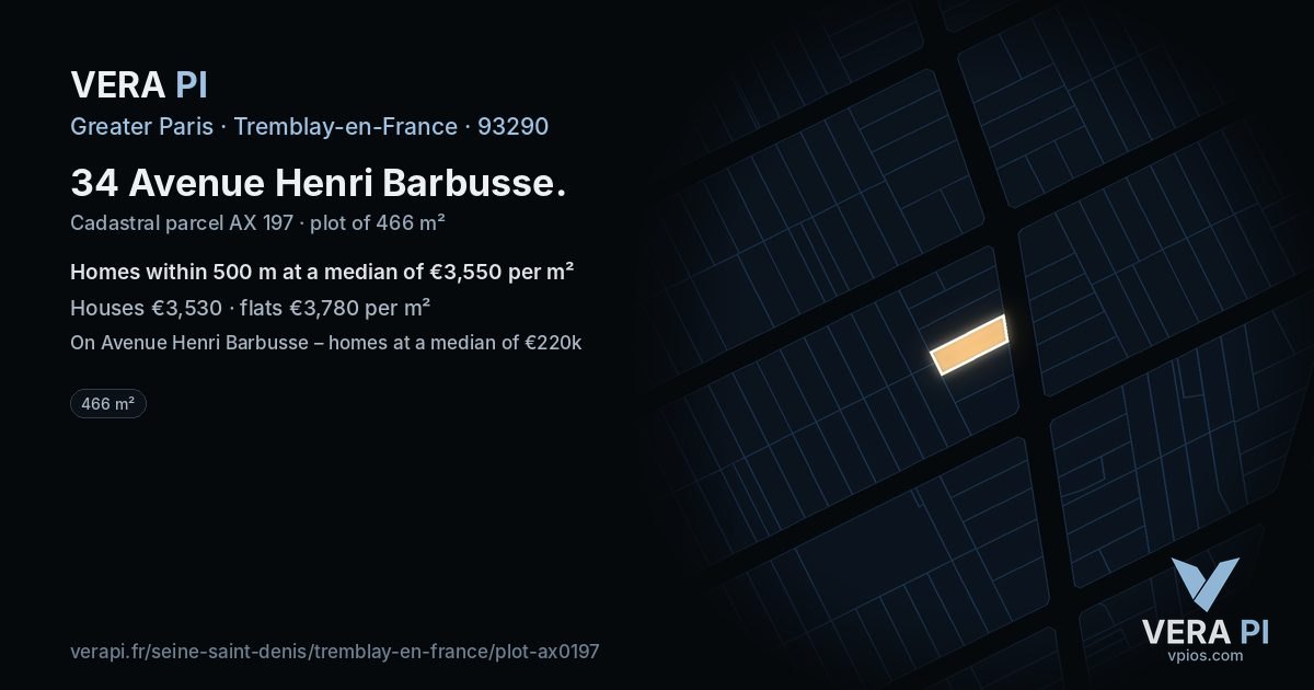 34 Avenue Henri Barbusse, Tremblay-en-France at night – the plot lit, the parcels around coloured by the prices near them