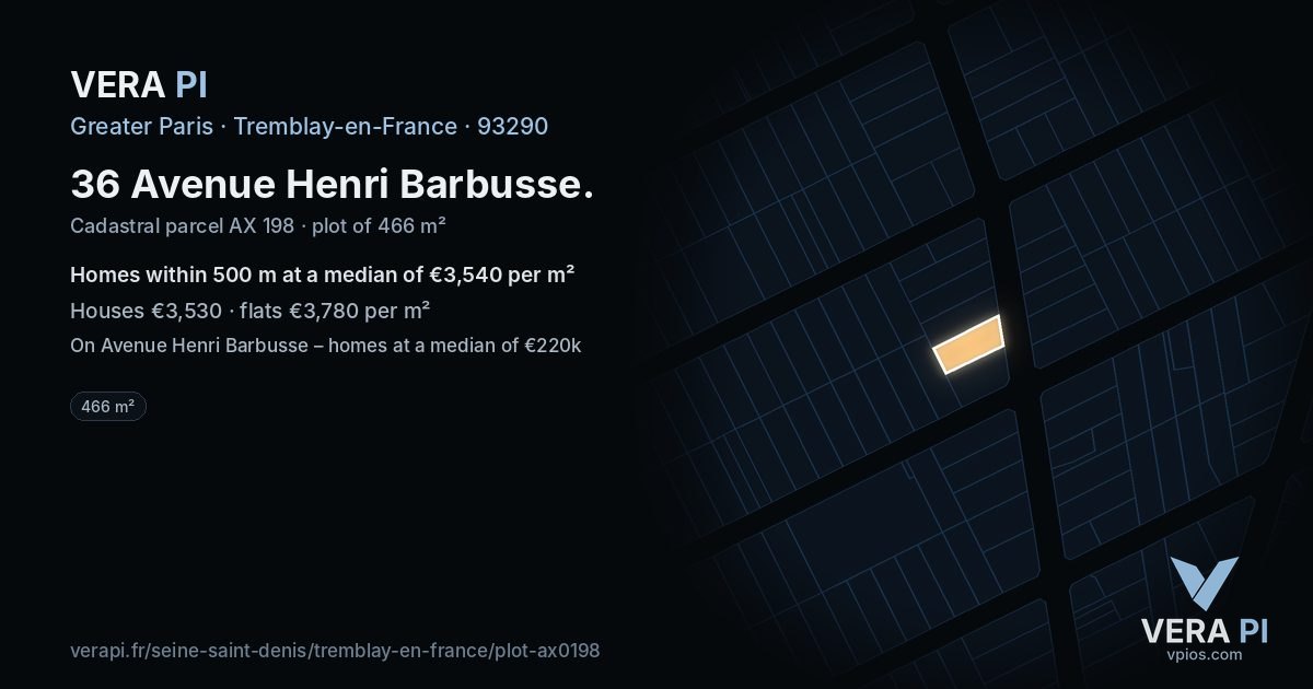 36 Avenue Henri Barbusse, Tremblay-en-France at night – the plot lit, the parcels around coloured by the prices near them