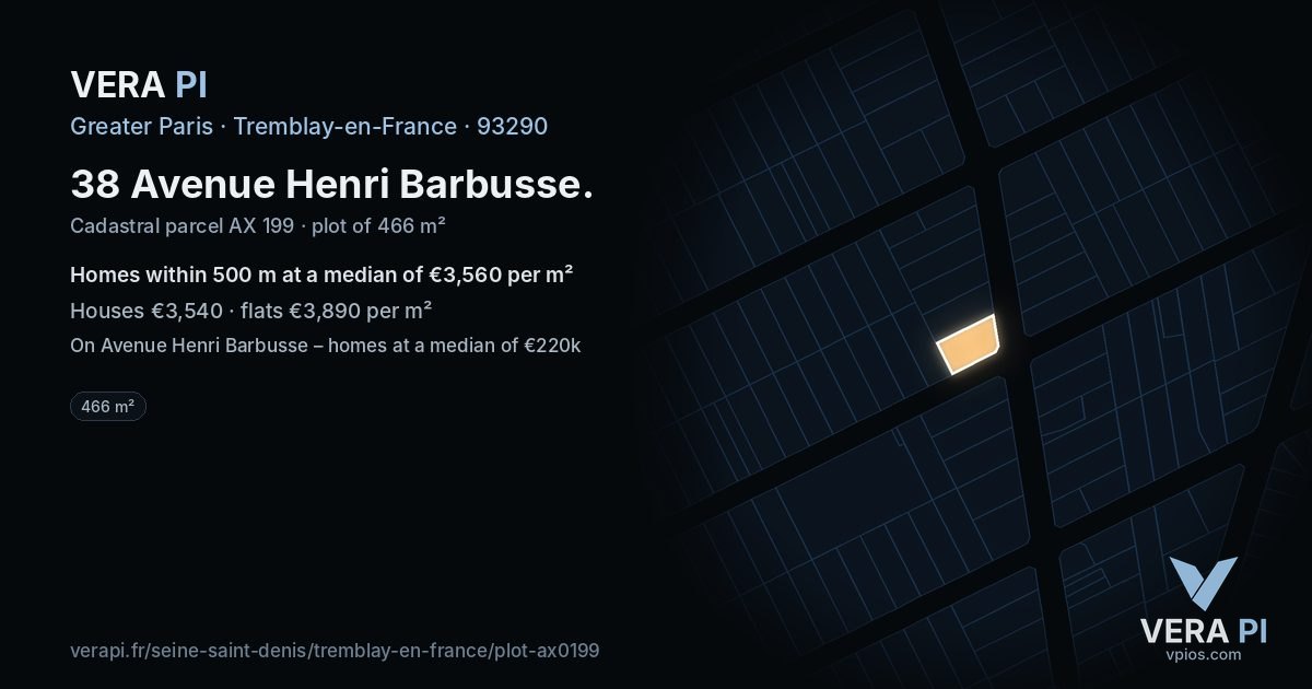 38 Avenue Henri Barbusse, Tremblay-en-France at night – the plot lit, the parcels around coloured by the prices near them
